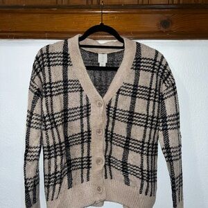 Joie Cream and Black Plaid Cardigan Sweater V-Neck